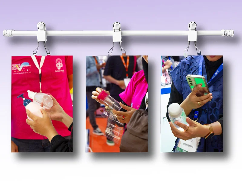 5 Packaging Elements That Can Influence Product Perception - Cahaya Jakarta Packaging Three hanging product photos at a trade show: left shows a lotion pump bottle, middle a spray bottle, right a skincare bottle held with a smartphone nearby by a attendee