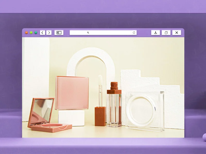 Illustration of a purple browser window displaying pastel makeup products on a pale background: compact, lipstick, bottle, and mirror arrangement.
